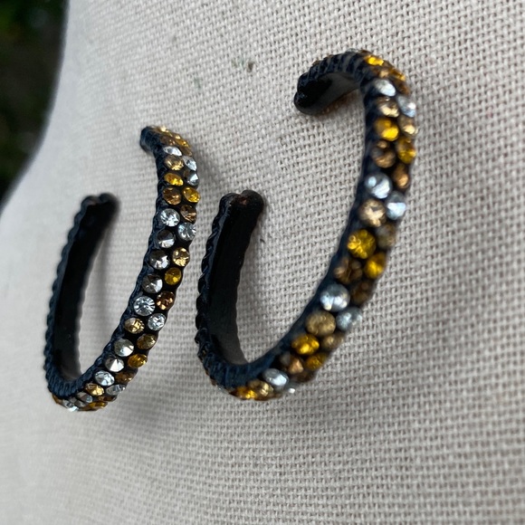 Black Hoop Earrings with Microcrystals in Silver, Gold, Bronze - Picture 2 of 4
